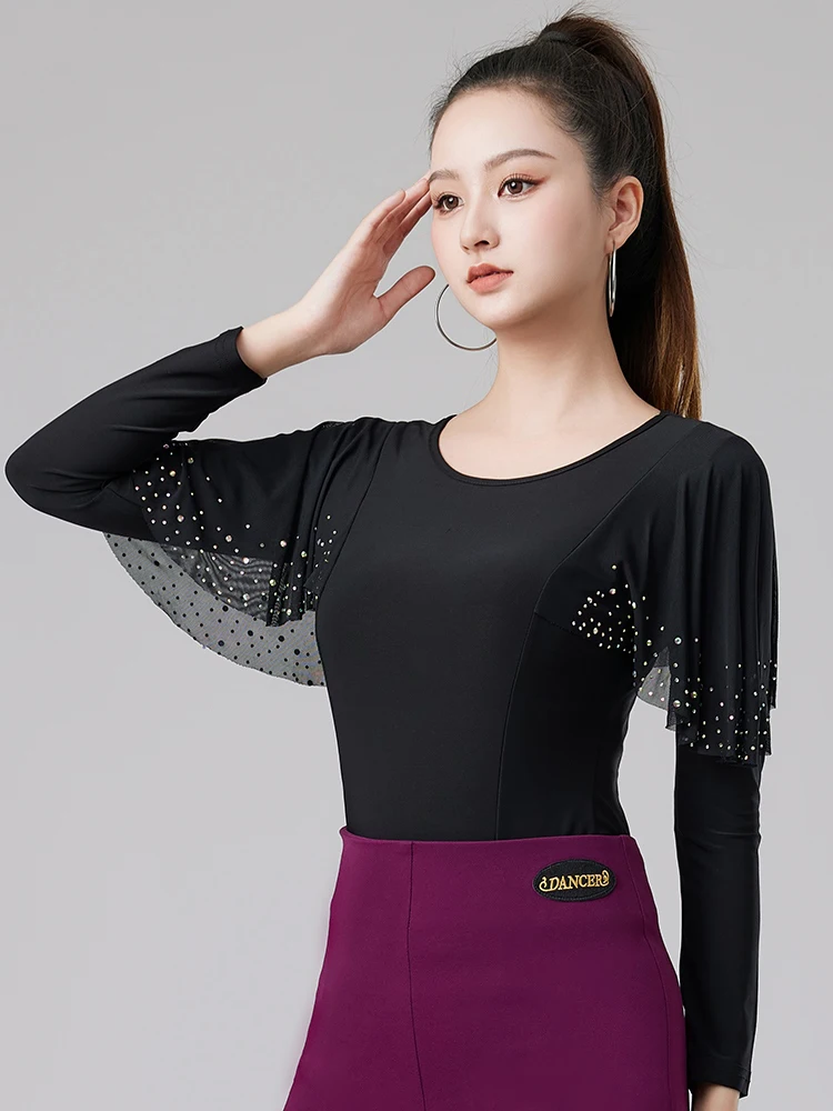 Diamond Long Sleeve Mesh Top Latin Dance Top Women's National Standard Dance Chacha Rumba Tango Modern Dance Costumes DQL11744