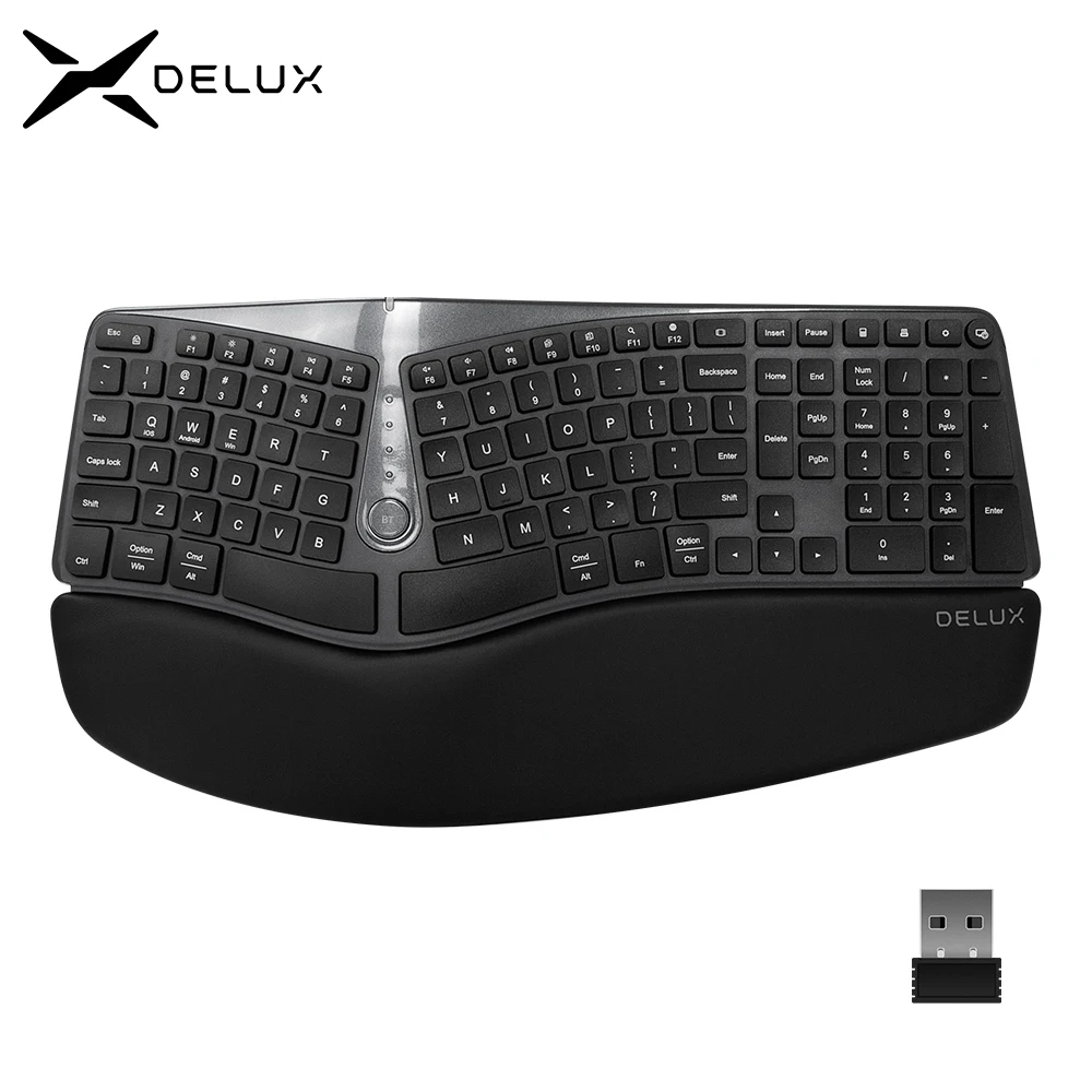 Delux GM901D Wireless Ergonomic Split Keyboard With 2.4G USB and BT(BT1+BT2) AAA Battery Soft Palm Rest for Windows and Mac