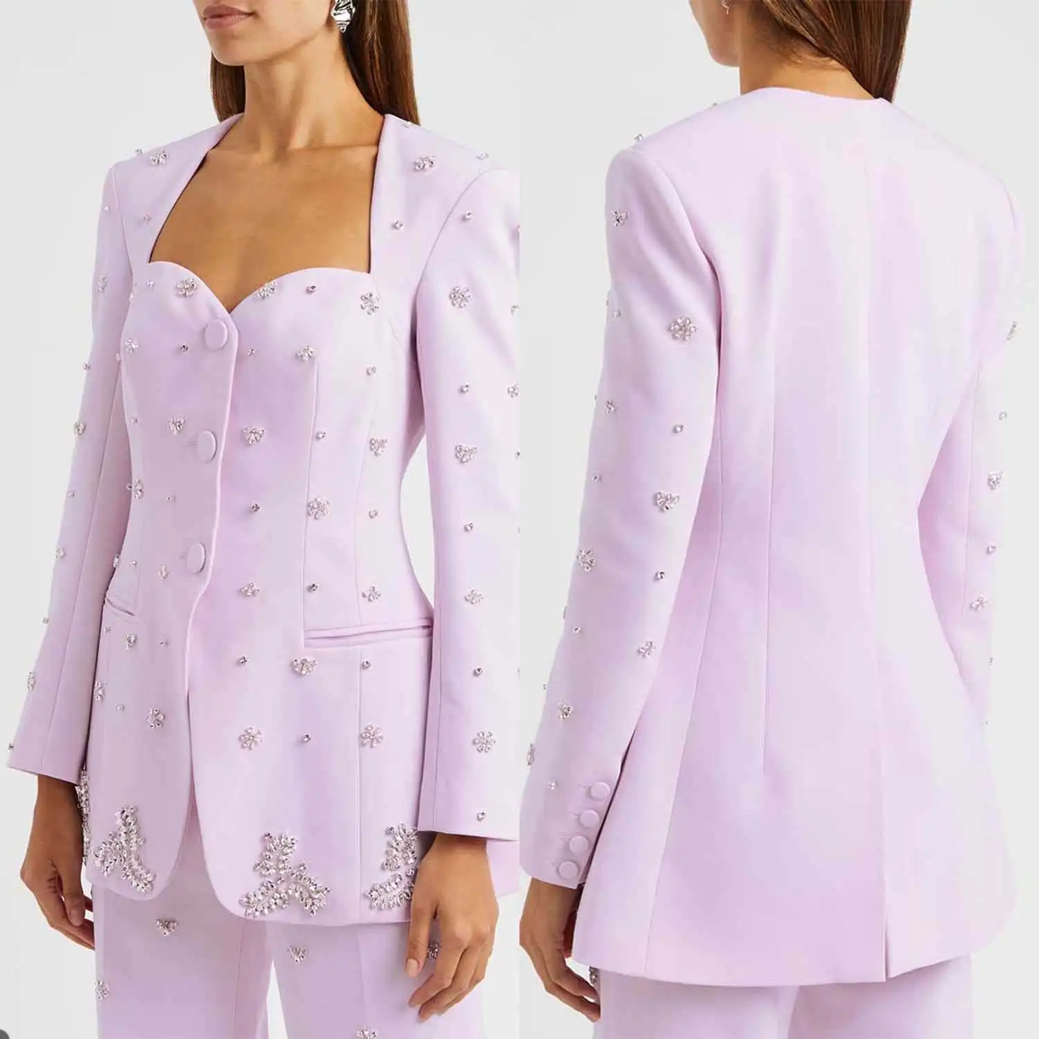 Light Purple Women Blazer Sets Lady Customized Slim Fit Crystal Beading Jacket Prom Evening Party Formal Wear 2 Pieces