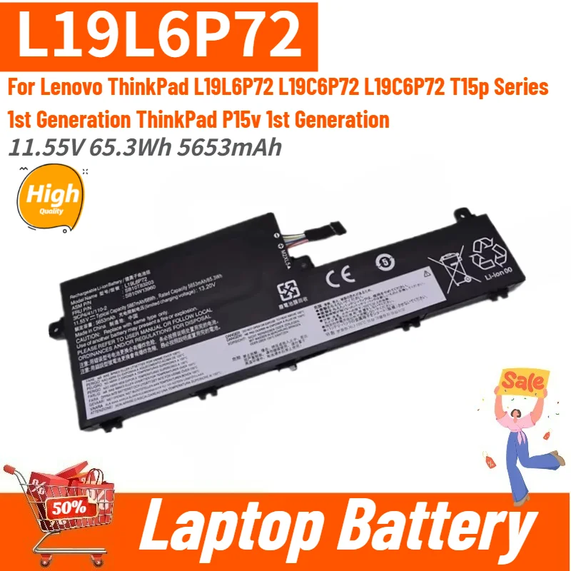 

New L19L6P72 Laptop Battery 11.55V 65.3Wh 5653mAh for Lenovo ThinkPad L19C6P72 L19C6P72 T15p Series 1st Generation,ThinkPad P15v