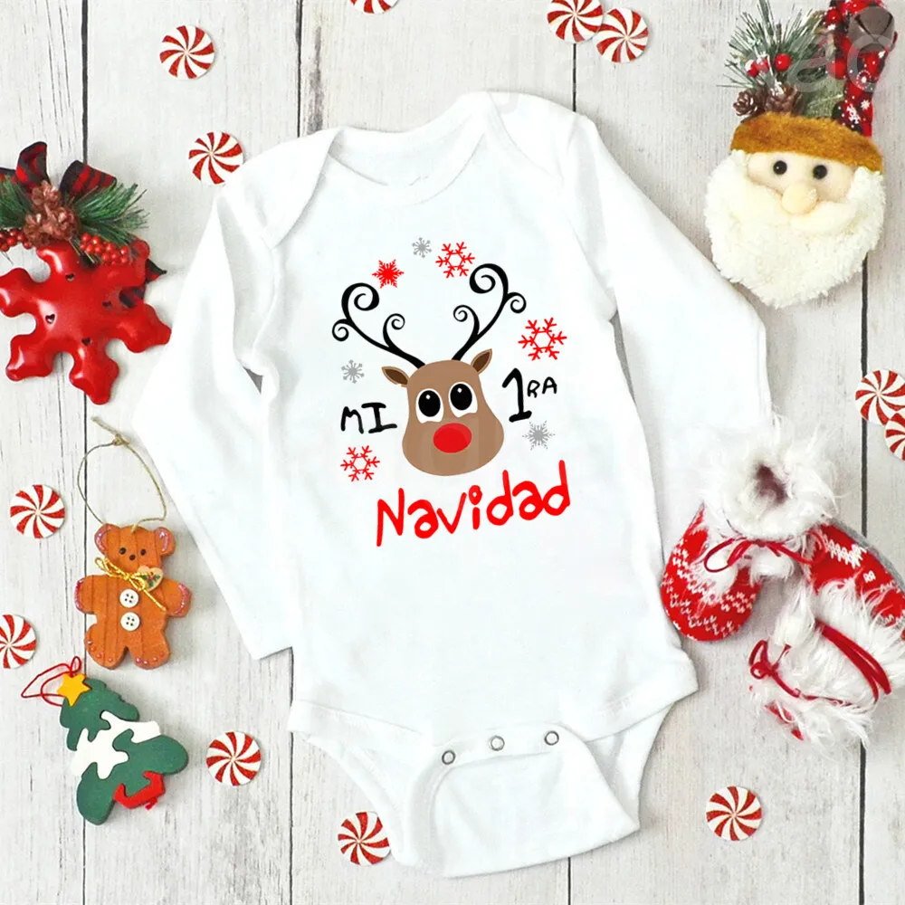 My First Christmas Spanish Printed Newborn Bodysuit  Baby Long Sleeve Romper Toddler Xmas Party Clothes Infant Baptism Outfits