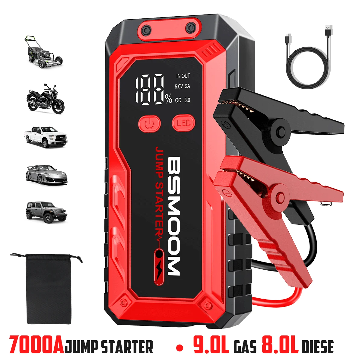 Arrancador de Coches, Arrancador de Batería de Coche de 6000 mAh, Arrancador de Batería de 12 V, Batería Portátil para Coches, Arrancador Automático de 12 V con Linterna, Pantalla LCD Grande, Carga Rápida USB, Kit de Emergencia Portátil para Camping y Via