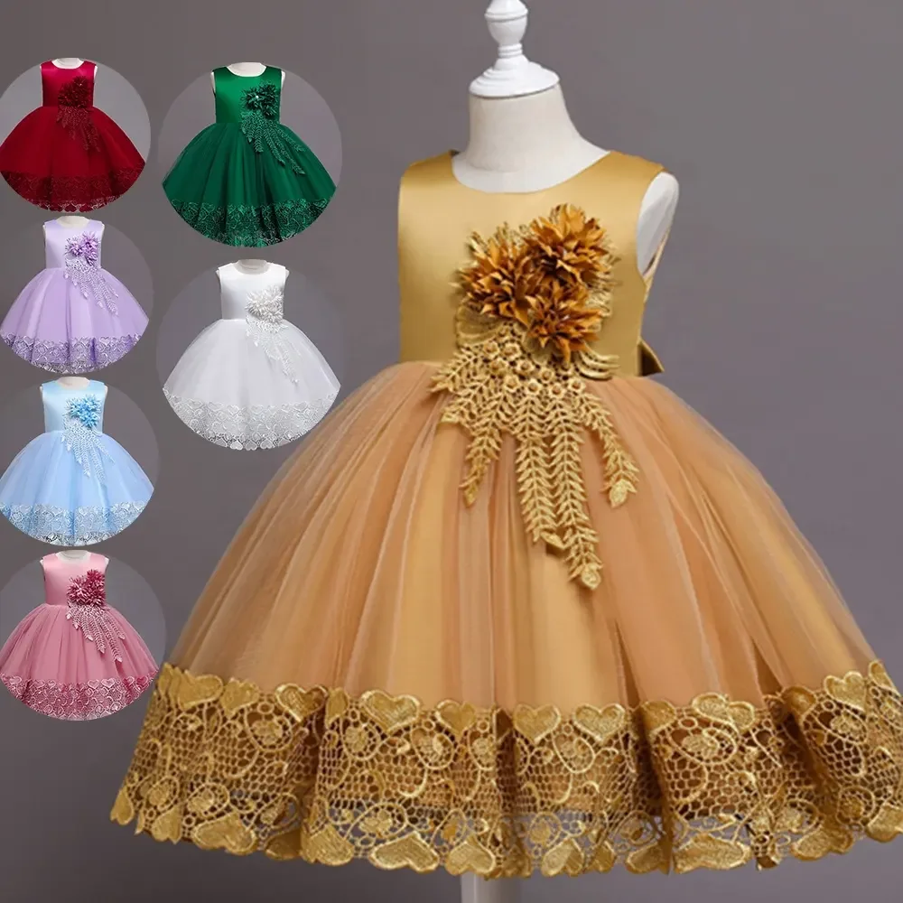 

Yellow Lace Flower Girl Dress Bows Children's First Communion Dress Girls Sleeveless Princess Dresses