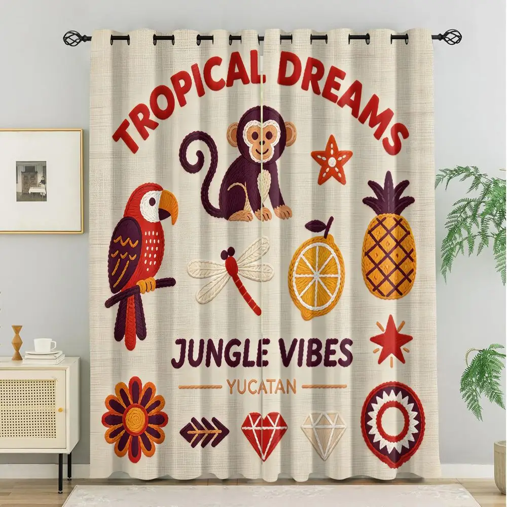 Tropical Dreams Jungle Vibes Yucatan Monkey Parrot Print Curtains, 2-Pcs Digital Printed Blackout Curtains for Living Room - view 3