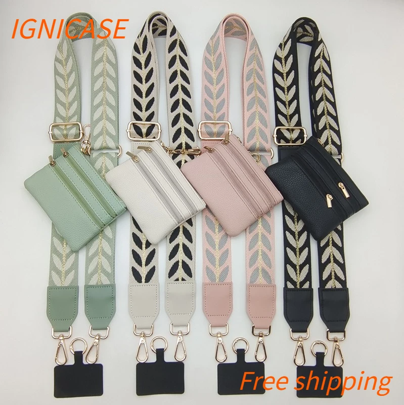 

IGNICASE New Leaf Pattern Embroidered Wide Shoulder Strap Removable Change Bag Decompression Messenger Bag Mobile Phone Strap