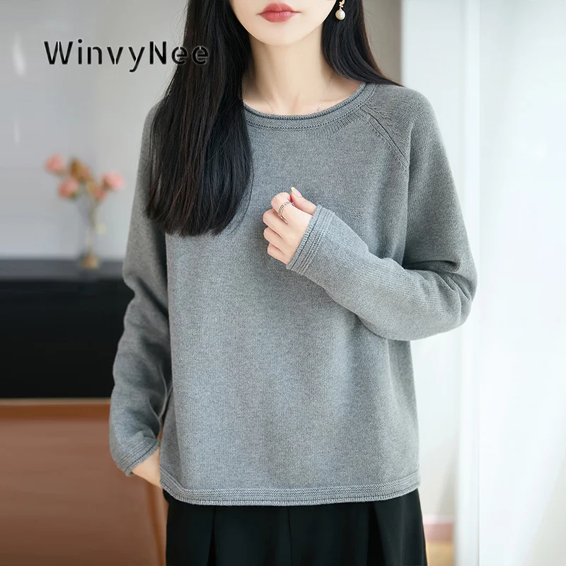 WinvyNee Women Casual Knit Top 100% Cotton Round Neck Long Sleeve Knitted Pullover Autumn Winter Supple Skin Fine Neat ZA1892033