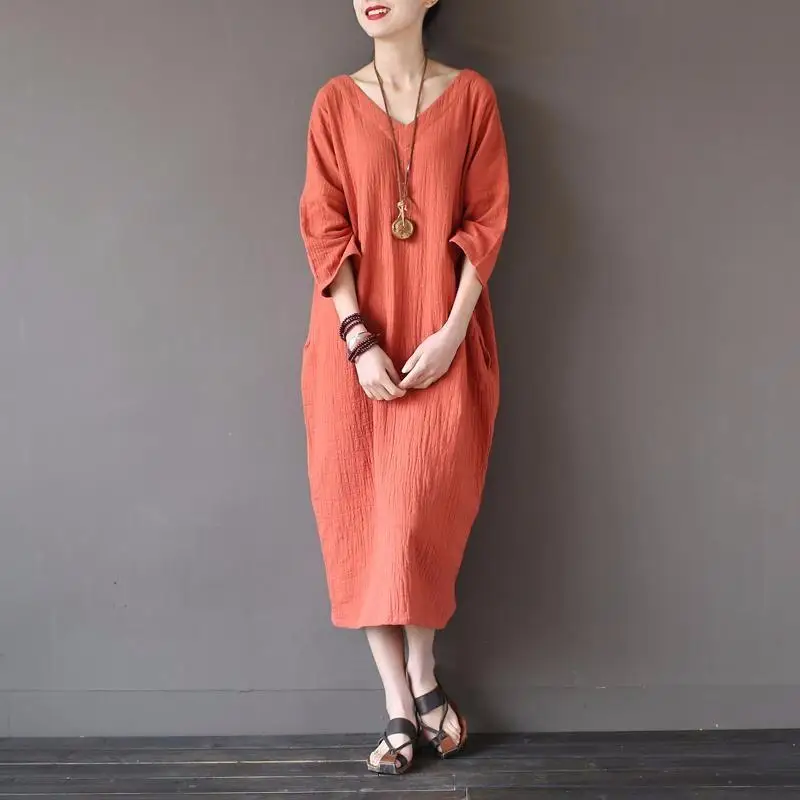 

Autumn 2026 Cotton Linen Dresses For Women Plus size New Vintage Loose Three quarter Sleeve Long Dresses Oversize 5XL 6XL