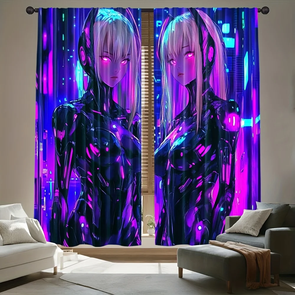 2pc Cyberpunk Anime Curtains – Neon Futuristic Design, Rod Pocket for Living Room, Bedroom & Office (Rod Not Included)