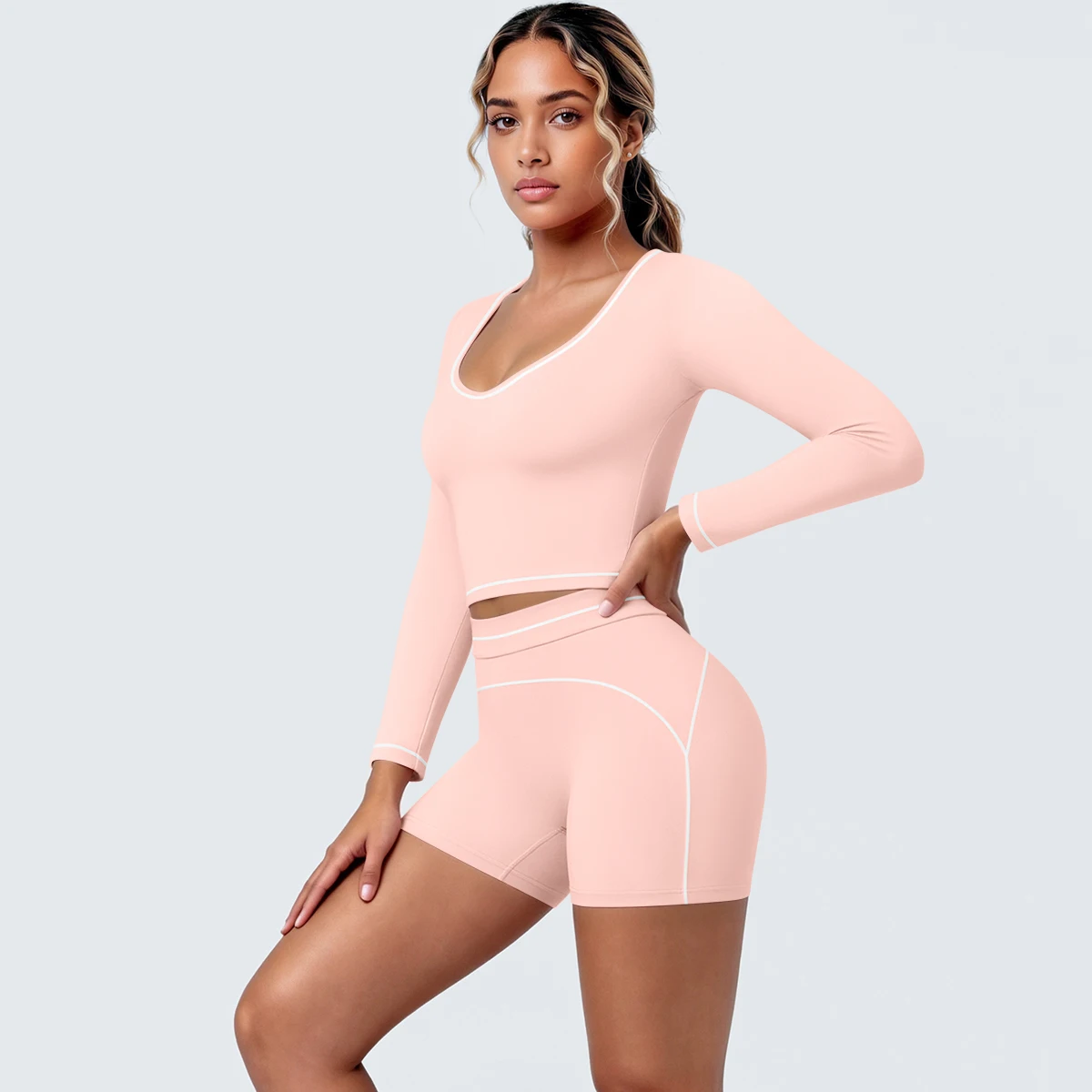 New Woman Yoga Set Color Blocking Tight Yoga Long Sleeved Running Shirts Quick-Dry Breathable Hip-lifting Yoga Shorts Set