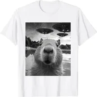 2025  Funny Graphic Tee Capybara Selfie with UFOs Weird T-Shirt