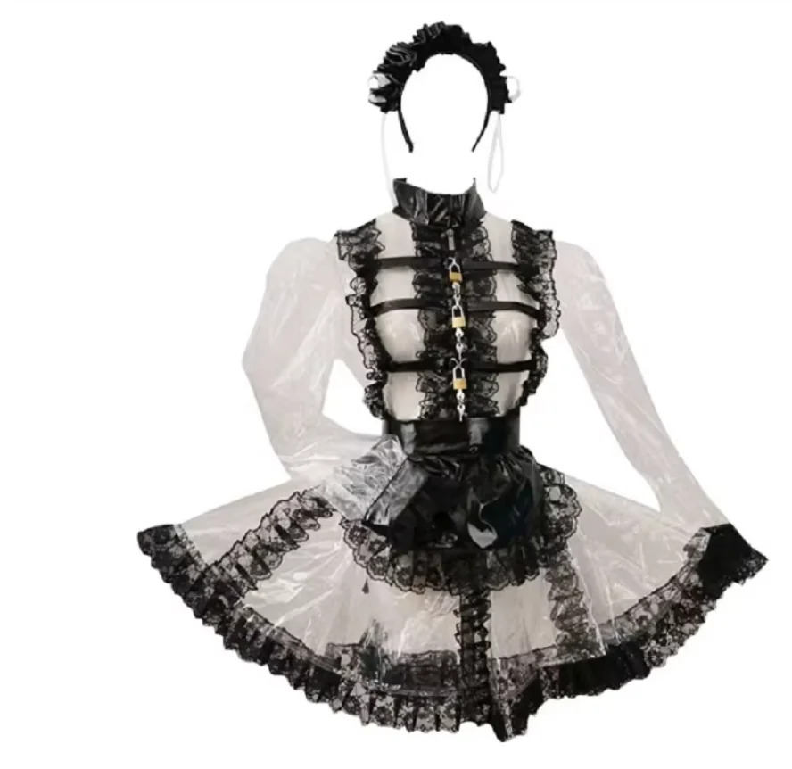

Black Lace Sissy PVC Dress New Hot Selling Lockable Sexy Transparent Gothic Girl Role Maid Acting Custom