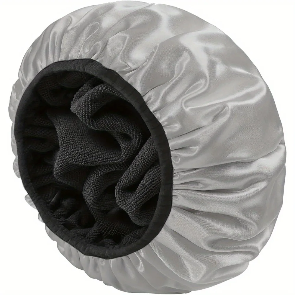 Touca de banho de camada tripla para mulheres, grande, forrada de terry, capa de cabelo grosso, touca de banho para viagem, cinza, macia, elástica