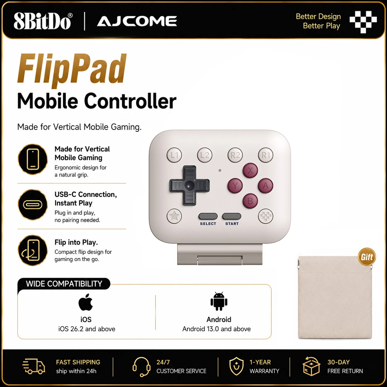 Controlador de jogos móvel 8BitDo FlipPad USB-C estilo flip para iPhone e Android, gamepad vertical para jogos móveis.