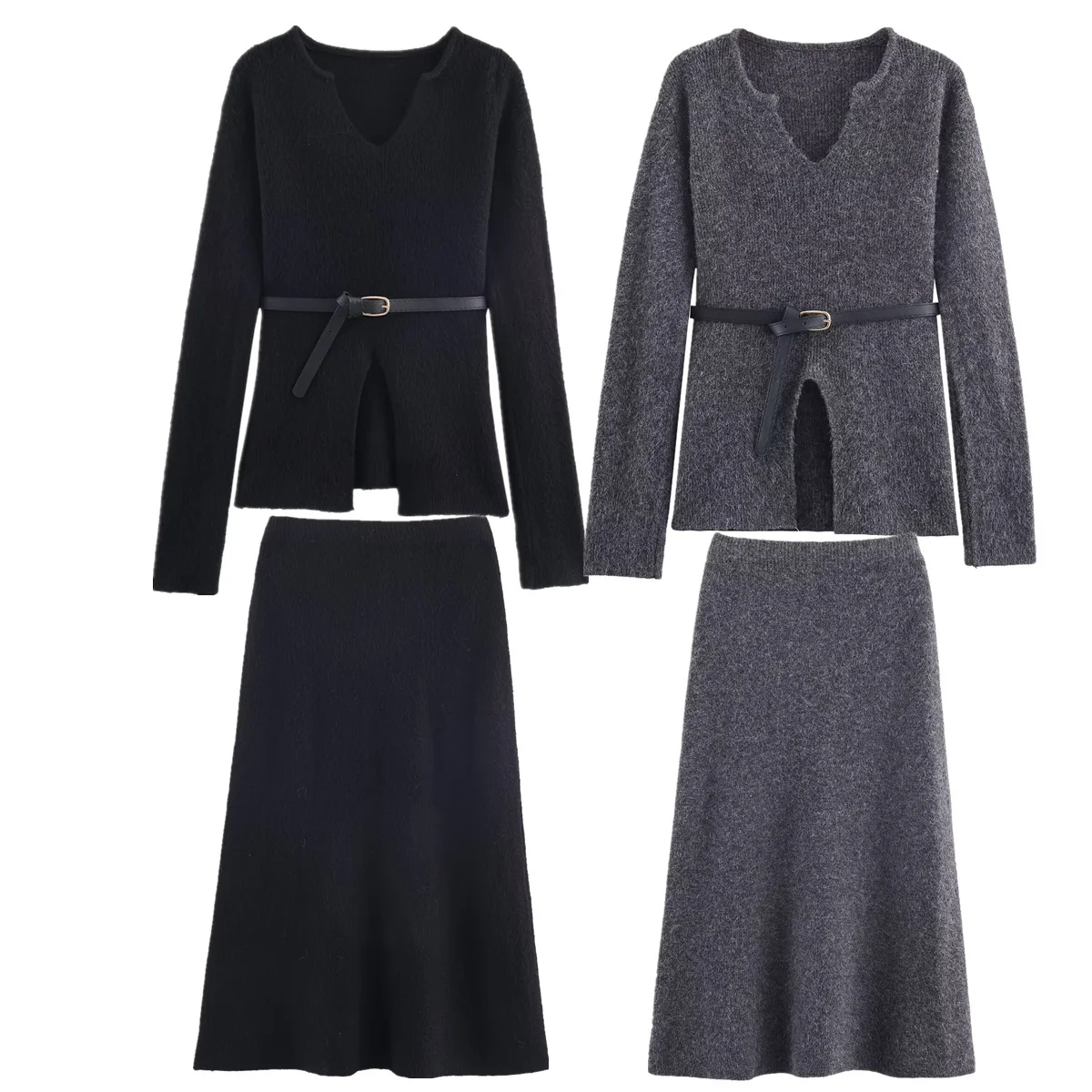 

Dave&Di Женская одежда Французская мода Женские однотонные серые черные свитера с поясом Трикотажные юбки Комплекты из двух предметов Женский костюм