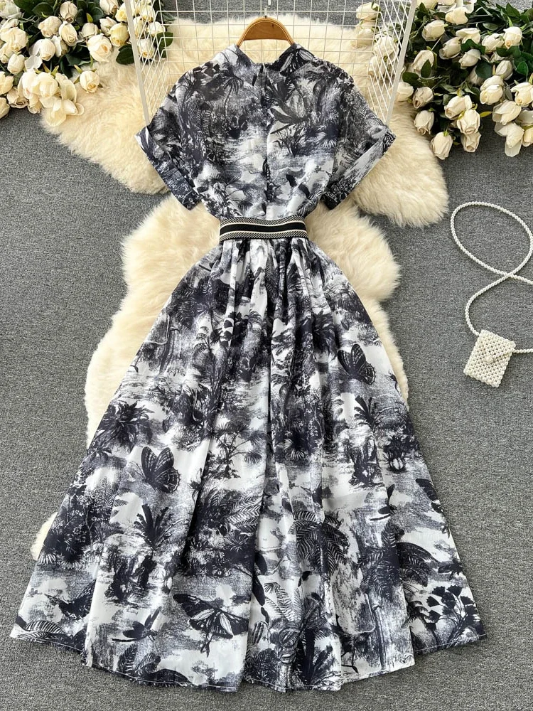 Vintage Tie Dye Print Shirt Dress Women Elegant Summer High Waist Slim A Line Printed Chiffon Long Robe Ladies Casual Long Robe