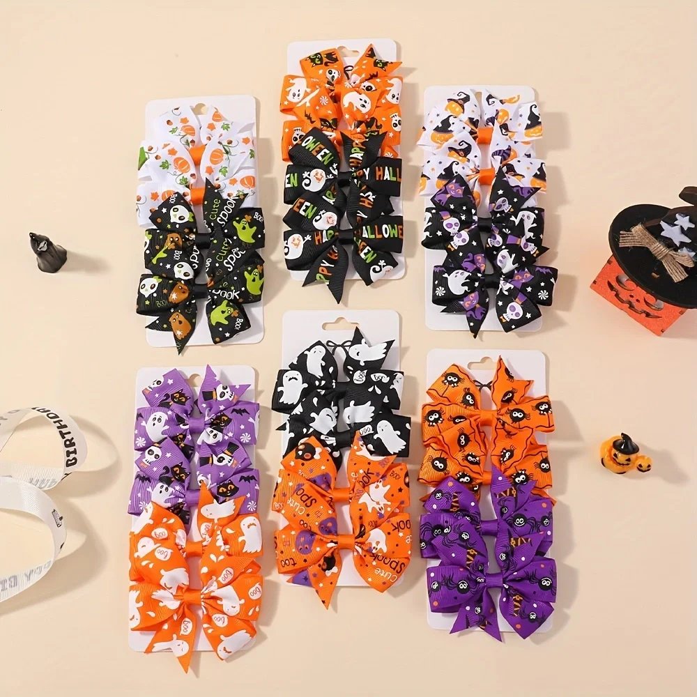 4/12Pcs Pumpkin Halloween Grosgrain Ribbon Hair Bows Barrettes Girls Hair Clips Hairpins Kids Hair Accessories Set Gifts