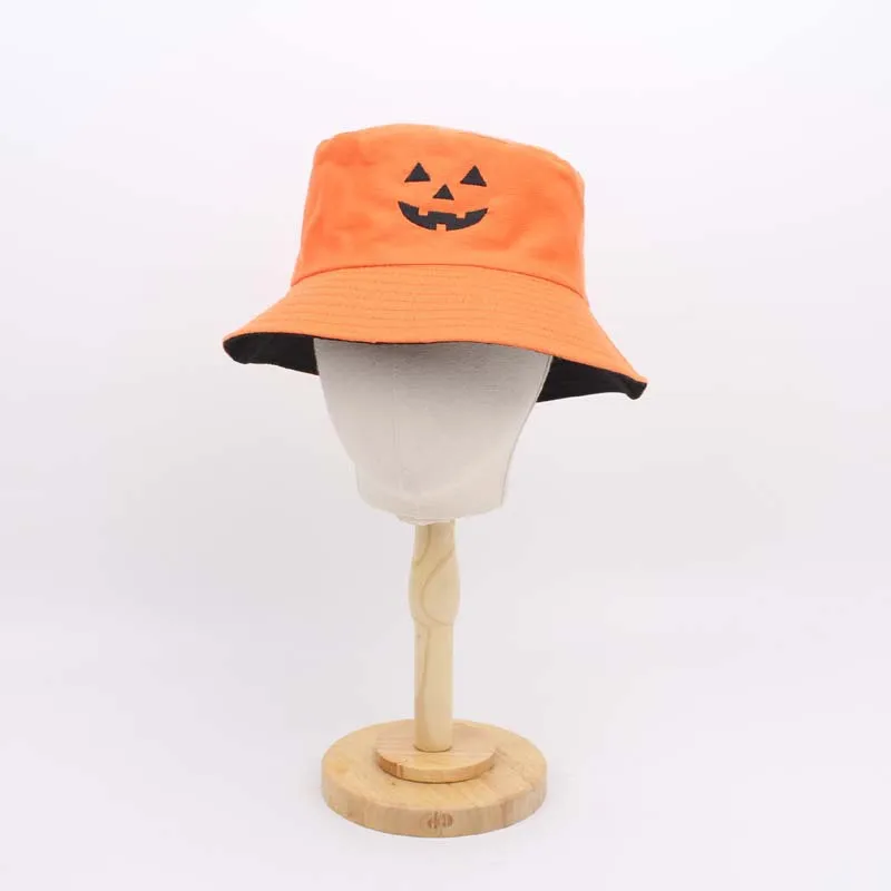 Reversible Embroidered Pumpkin Smiley Bucket Hat Sun Protection Fisherman Cap for Men Women Kids Daily Wear