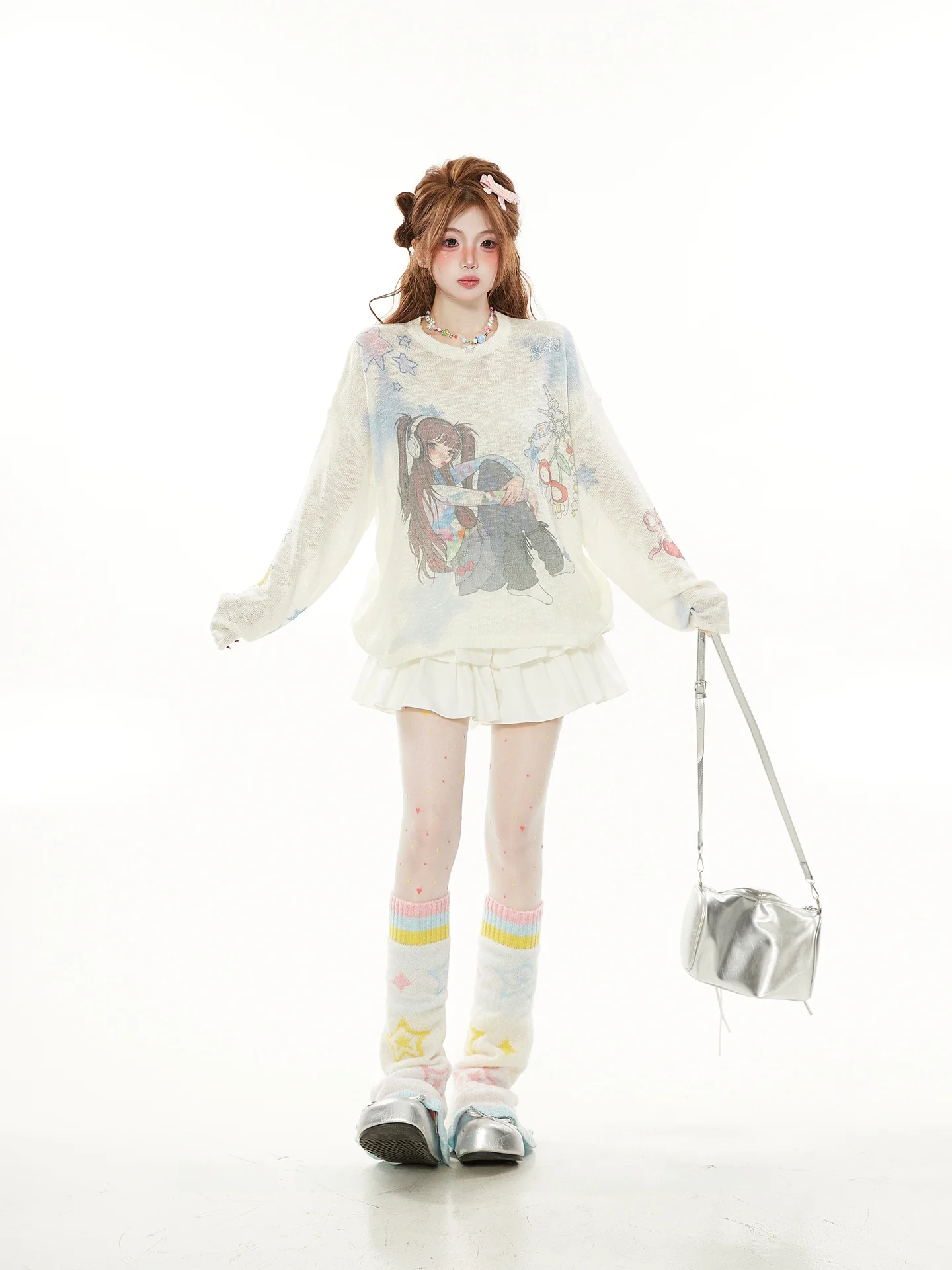 

Unique Beautiful Cartoon Thin round Ne Knitted irt Women Summer Thin Sweet Spicy Loose Long Sve Cover up T irt