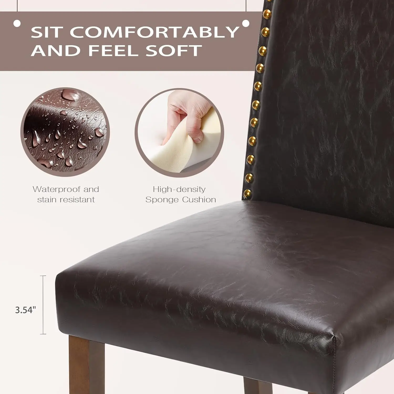

Upholstered Dining Chairs Set of 2, Modern Leather Dining Room Chair with Nailhead Trim and Wood Legs, Mid-Century Accent