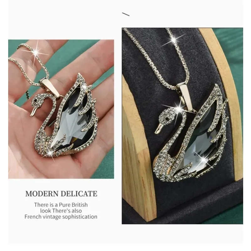 سلسلة سترة نسائية، إكسسوار خريفي وشتوي عصري وأنيق للنساء، قلادة كريستال البجعة
