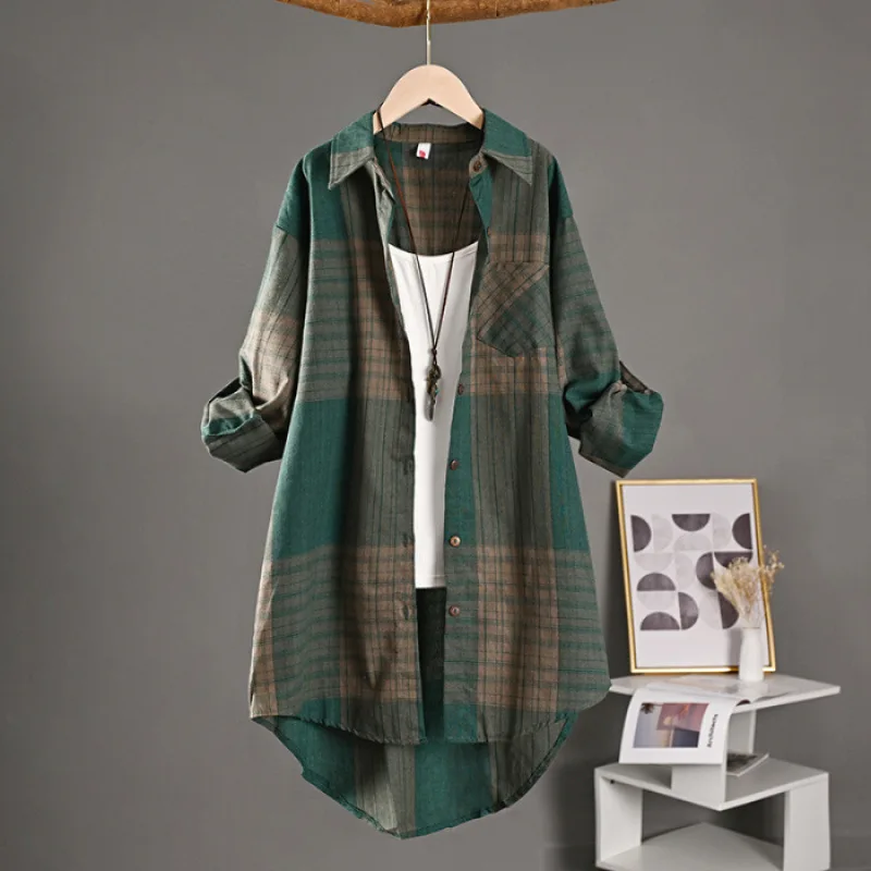 Checkered Shirt Woman Women\'s Buttoned Shirts Linen Blouses Woman Long Sleeve Shirts for Women Women\'s Vintage Blouse Elegant