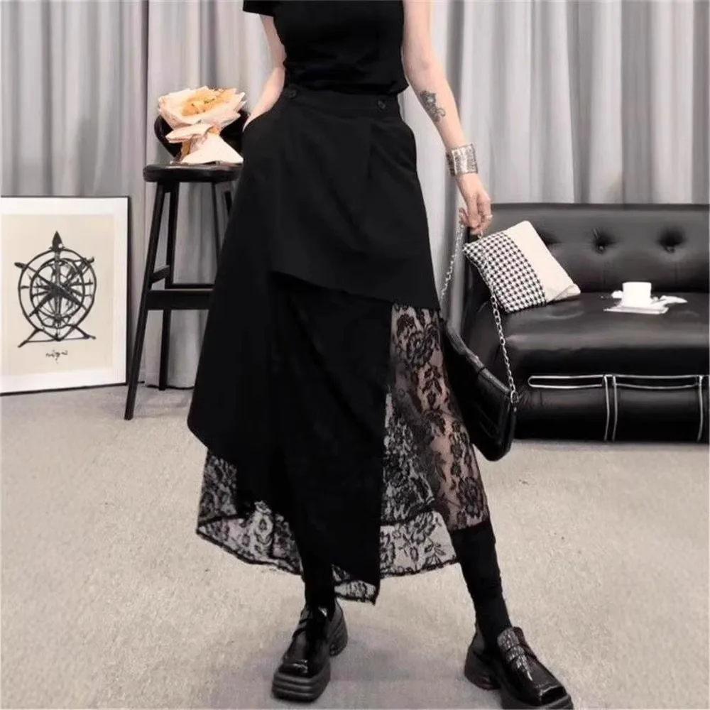Vintage Y2K Women's Black Asymmetrical Layered Midi Skirt Lace Panel High Waist Skirt Gothic Punk Edgy Street Casual Outfits