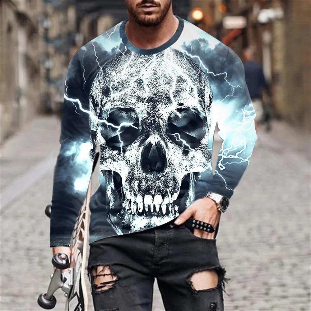 Horror Skull Head Print Graphic T Shirts Fashion New Men\'s Long Sleeve Round Neck T-shirt Retro Streetwear y2k tops