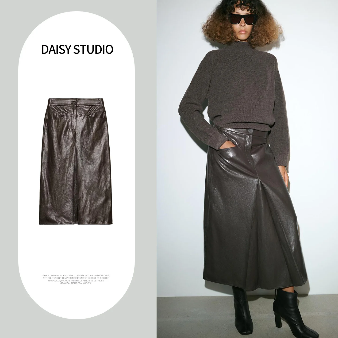 

Spring New Women's High Waist A-Line Pleated Decorative PU Leather Effect Skirt Straight Cut Low Waist Polyester Fiber