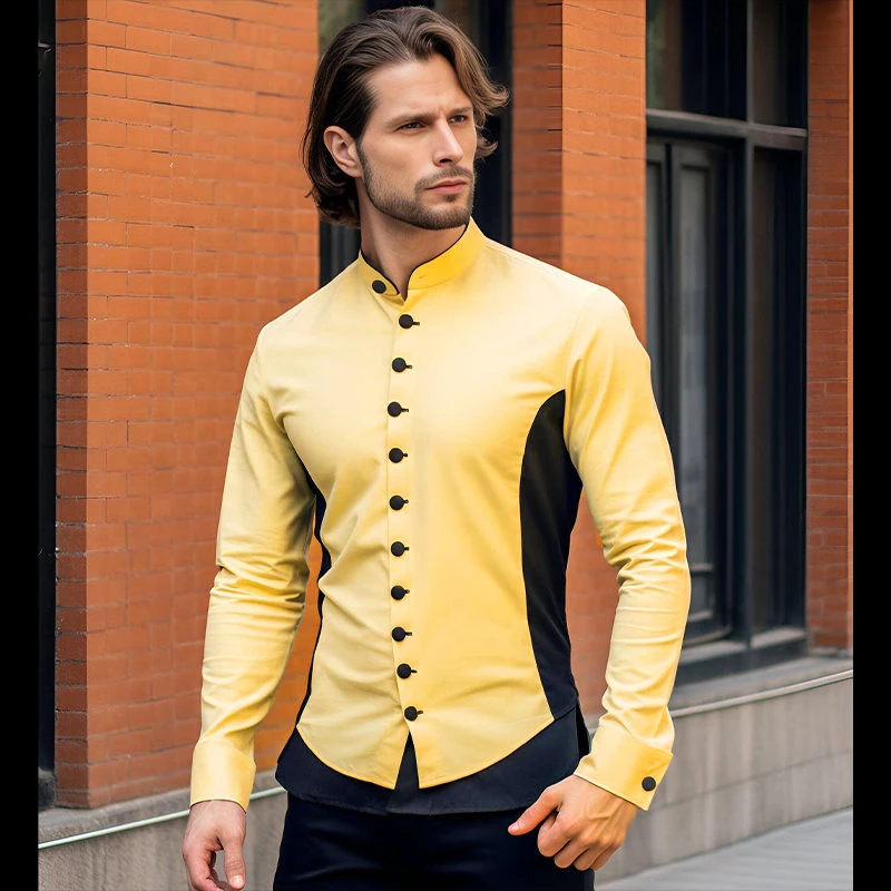 Chemise boutonnée à manches longues pour hommes, col Henry, coloré, décontracté, personnalité, mode, haute qualité, nouveau