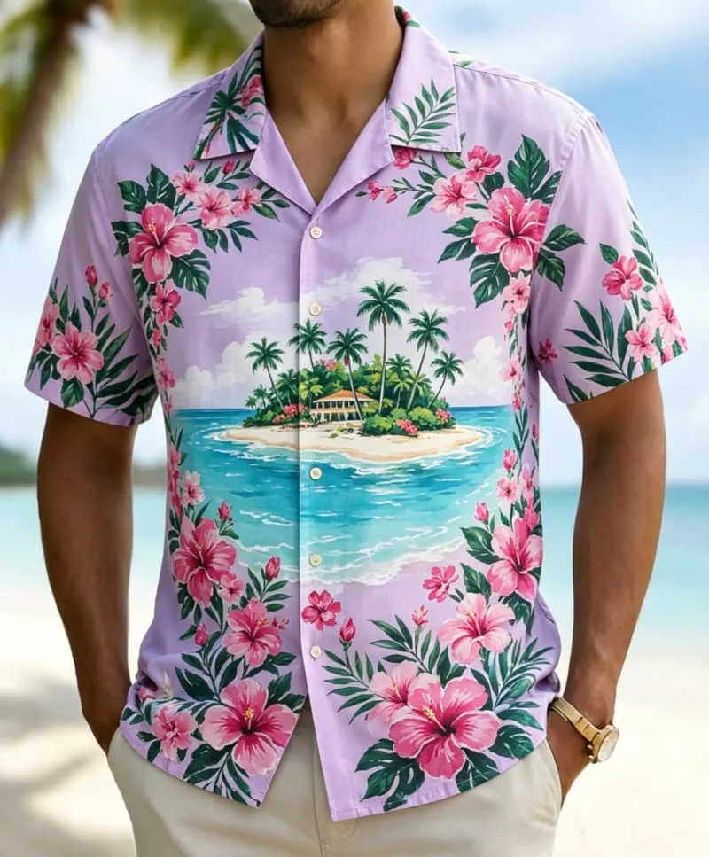 Men's tropical coastal landscape printed Hawaiian shirt, for summer travel, daily dressing, parties, and weekend short trips