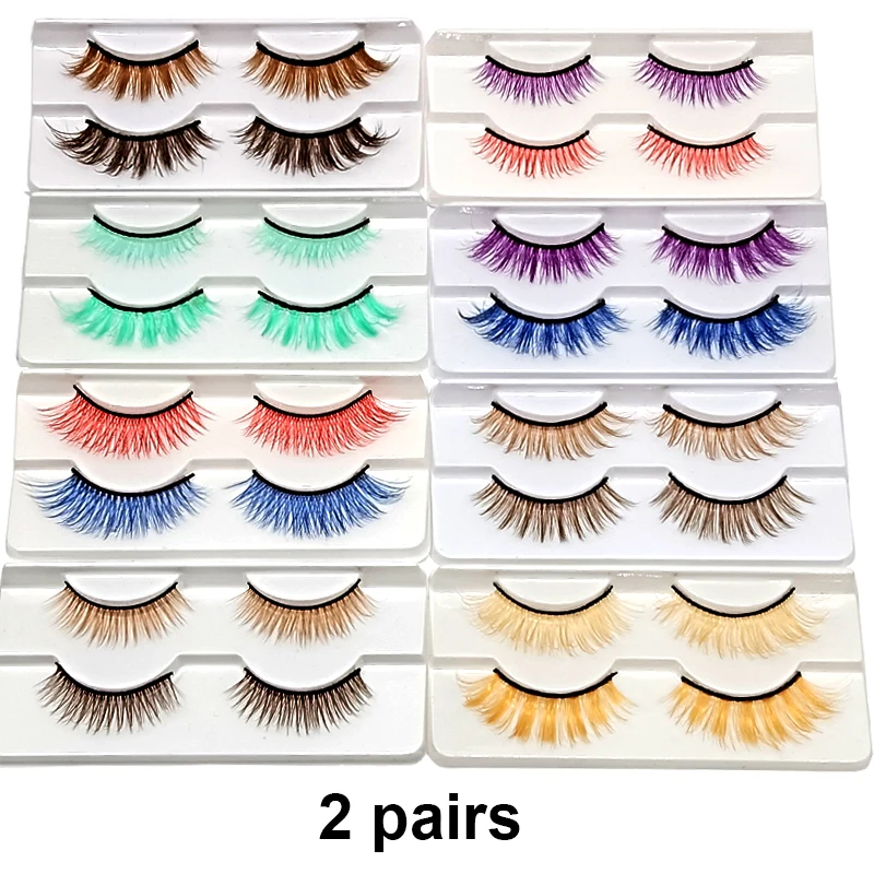 2 paia di ciglia colorate naturali finte soffici rosso blu arcobaleno ciglia Halloween White Cils Cosplay Mix colori trucco ciglia