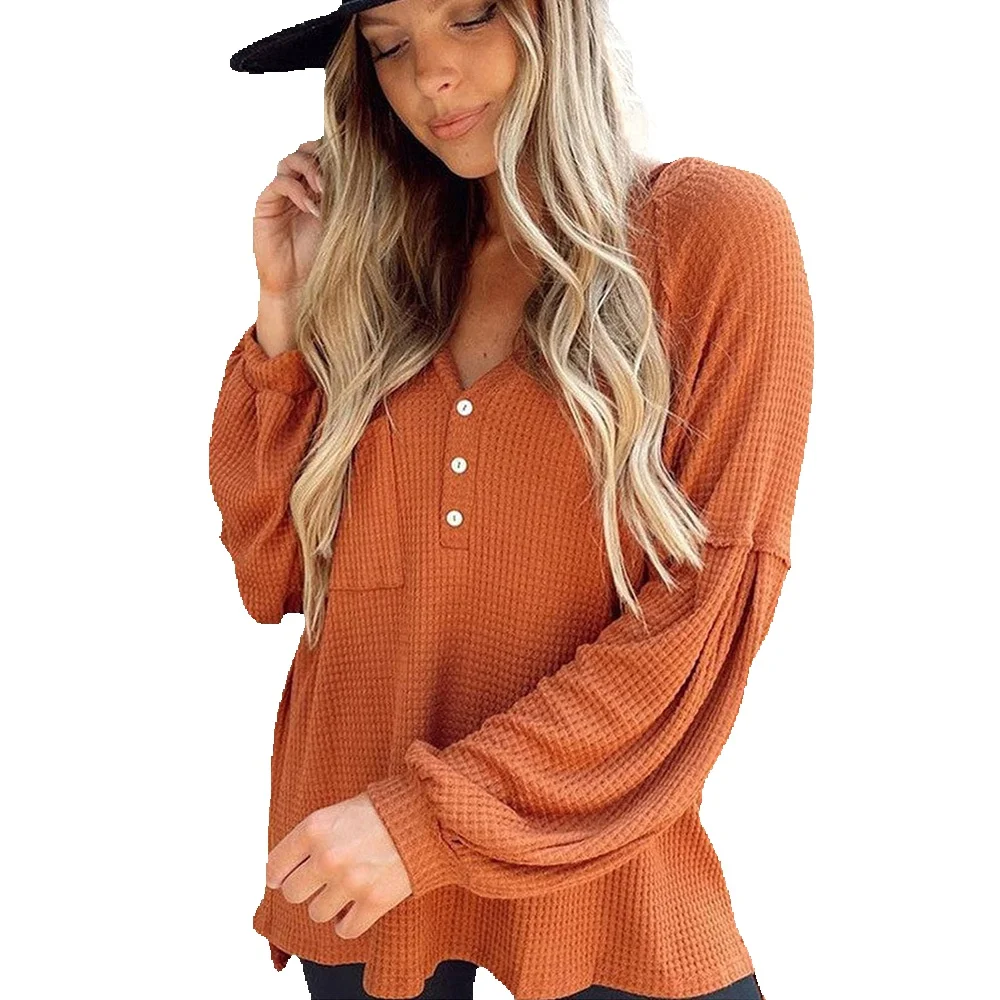 

Shi Ying Button V-Neck Drop Shoulder Waffle Knit Top Women's Casual T-Shirt 25116511