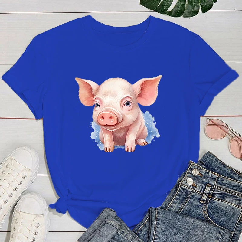 (Premium T-shirt)Pink Pig Print T Shirt Fans Summer Casual Short Sleeve Tee Cute Loose T Shirts