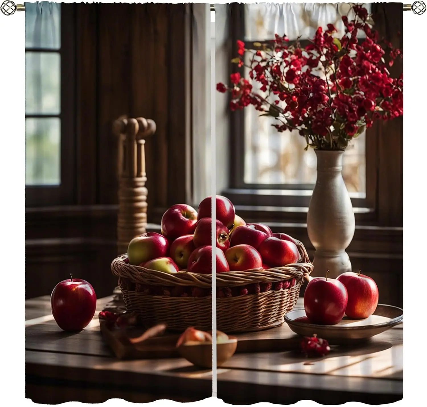 Wine Kitchen Curtains, Vintage Rustic Cartoon Grape Fruit Vegetable Food Wine Gourmet Kitchen Utensils Windows Treatments