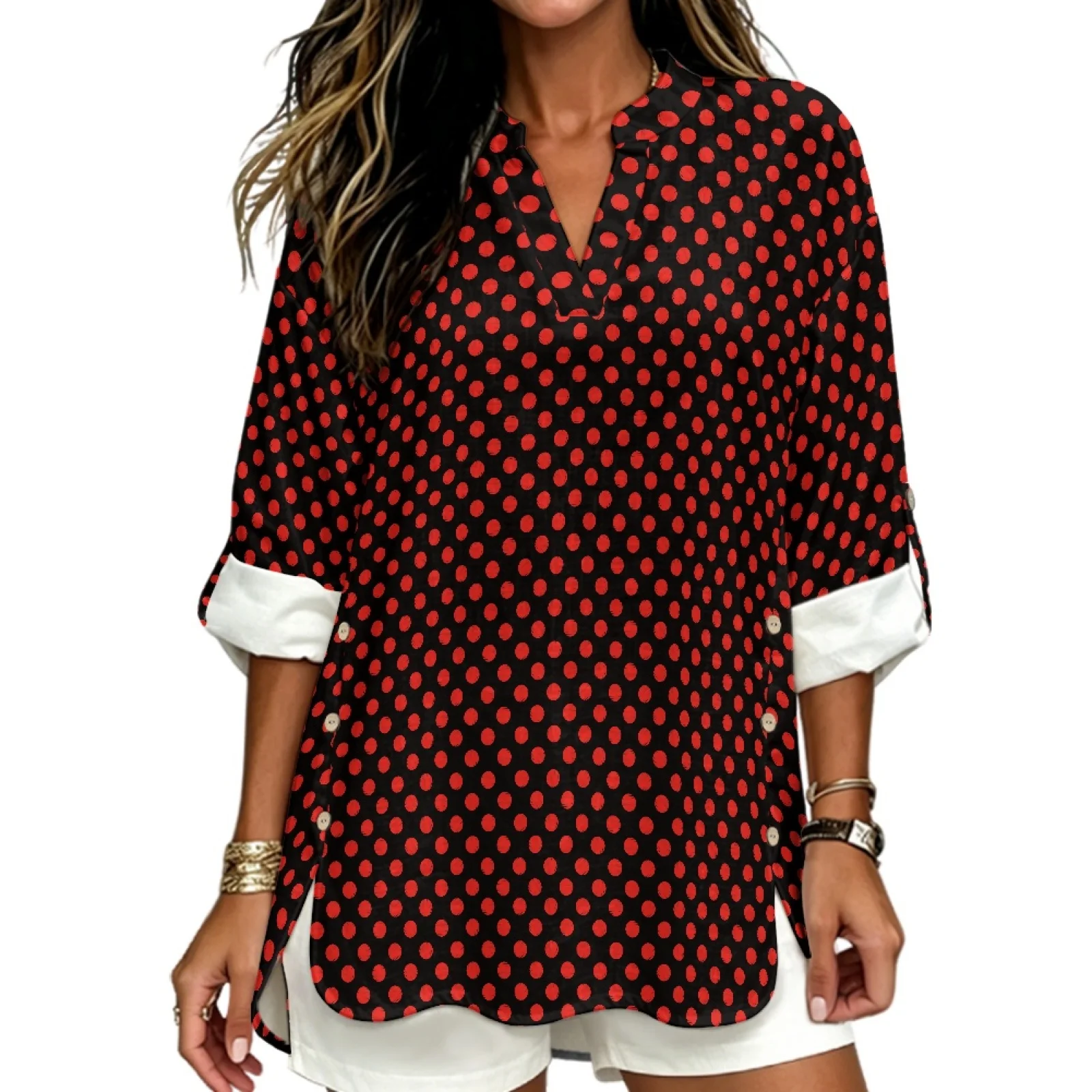 PENSTROLL Comfy Linen Like Long Sleeve Blouse Curved Hem Ladies Tops and Blouses for Vacation Red Black Polka Dot