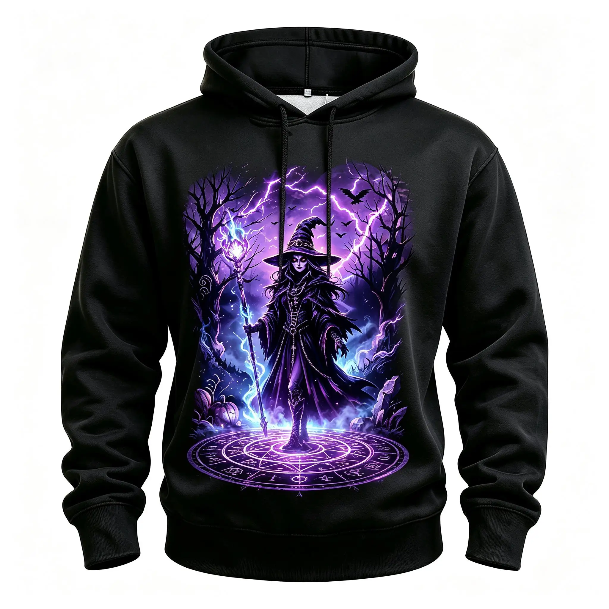 Men's Magic Witch Pentagram Lightning Full Print Hoodie Halloween Gothic Long Sleeve Pullover Sweatshirt For Cosplay Party