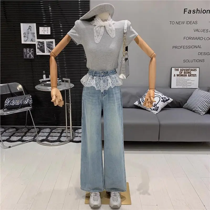 

Ретро-джинсы с высокой талией и широкими штанинами в корейском стиле, с кружевными вставками, свободного кроя, с эффектом стройности, из денима, для женщин