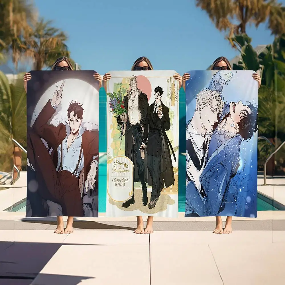 Korean Manhwa Roses and Champagne Microfiber Blanket Quick Drying Beach Towels Oversized Super Absorbent Pool Towel Blanket