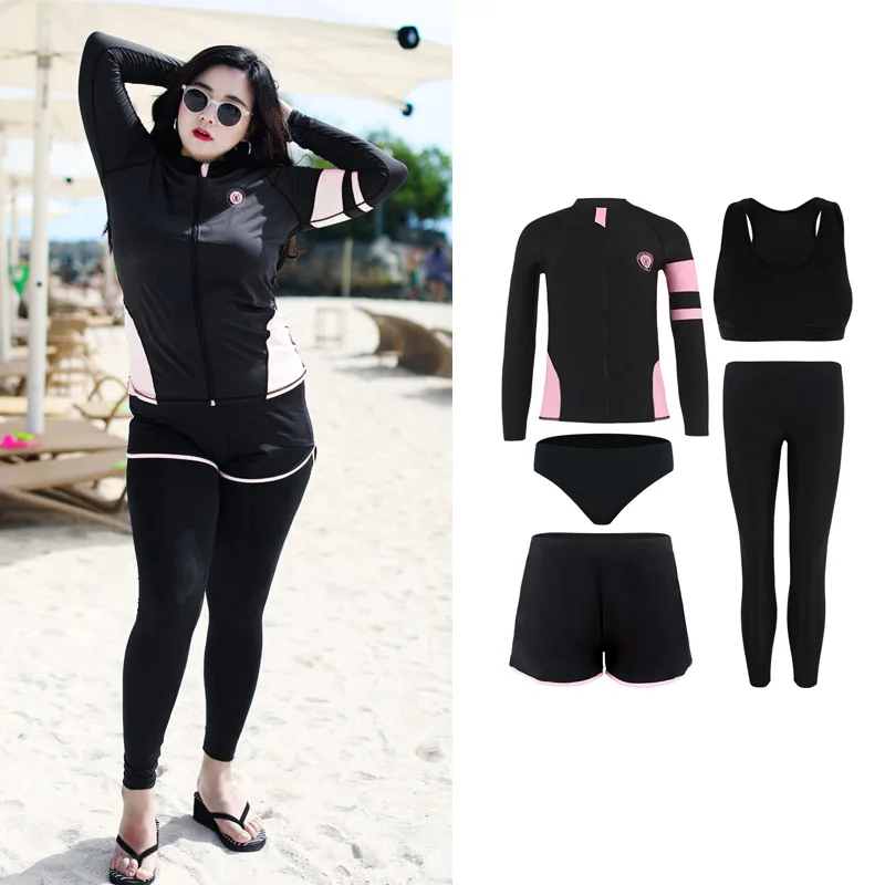 Women Plus Size Five Piece Rash Guard Long Sleeve Swimsuits Sun Protection Swim Shirt with Boyshort Bottom Rashguards Sunsuits