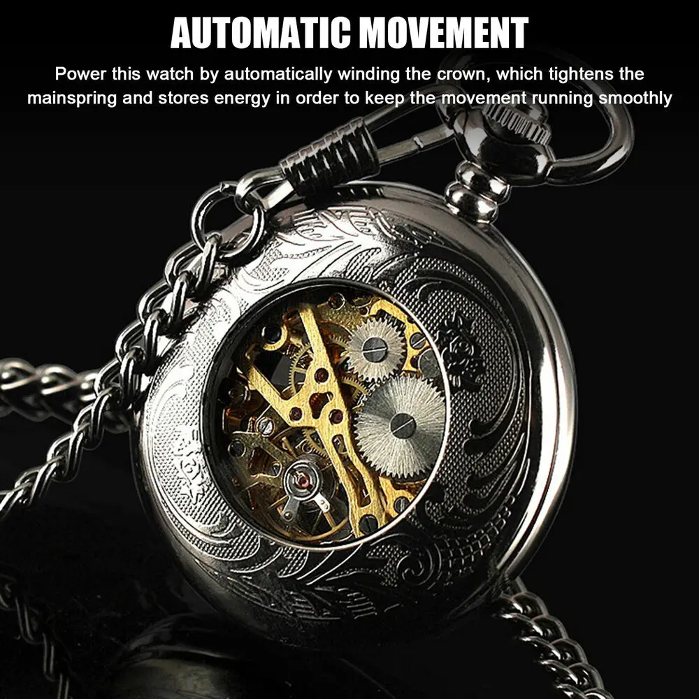 Black Hollow Case Roman Number Dial Mens Pocket Watch Mechanical Black Steampunk Skeleton Retro Chain Luxury Classic