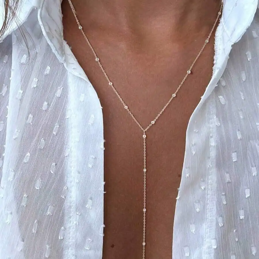 1pc Long Pendant Necklace, Y-Shape Chain With Round Beads, Suitable For Women And Girls Daily Wear (Bead Quantity Varies)