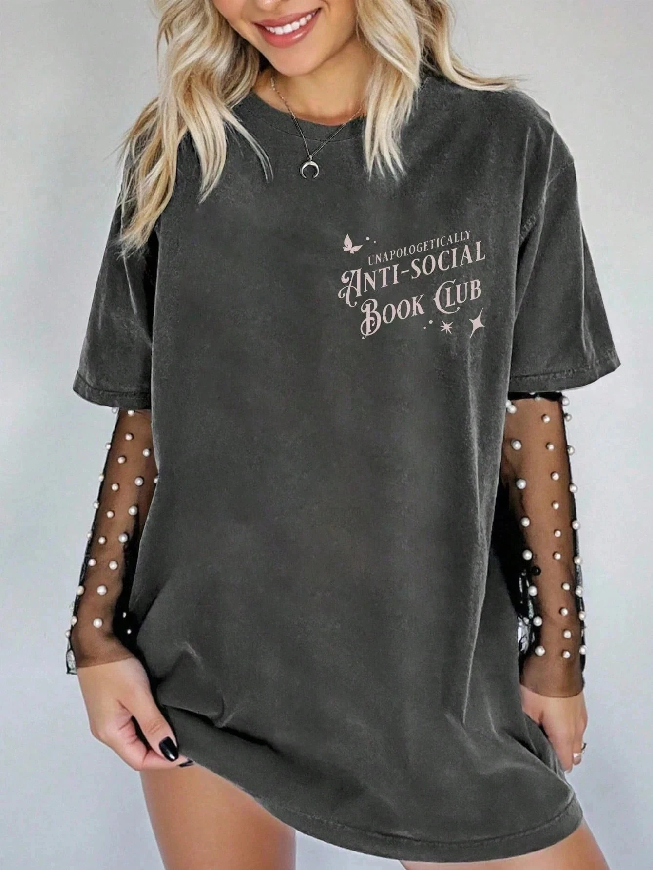 Four Seasons Women's Dark Grey T-shirt Anti Social Reading Club Retro Flower Book Pattern, Skull Letter Slogan Printed Women's