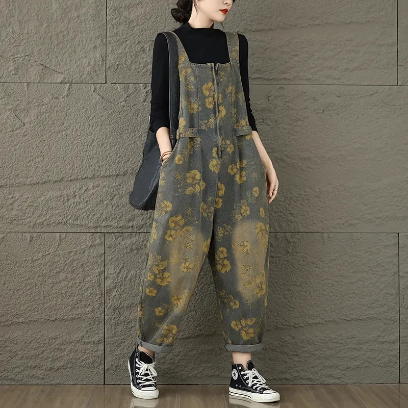 

2024 Spring Autumn Fashion Full Length Jumpsuit for Women Casual Vintage Print Jeans Female Clothes Baggy Overalls Monos Largos