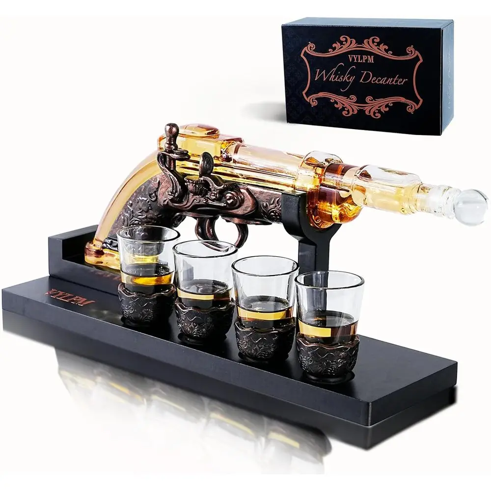 

Unique Gun-Shaped Whiskey Decanter with 4 Shot Glasses: Perfect Gift for Dads & Men, Home Bar Essential, Conversation-Starting D