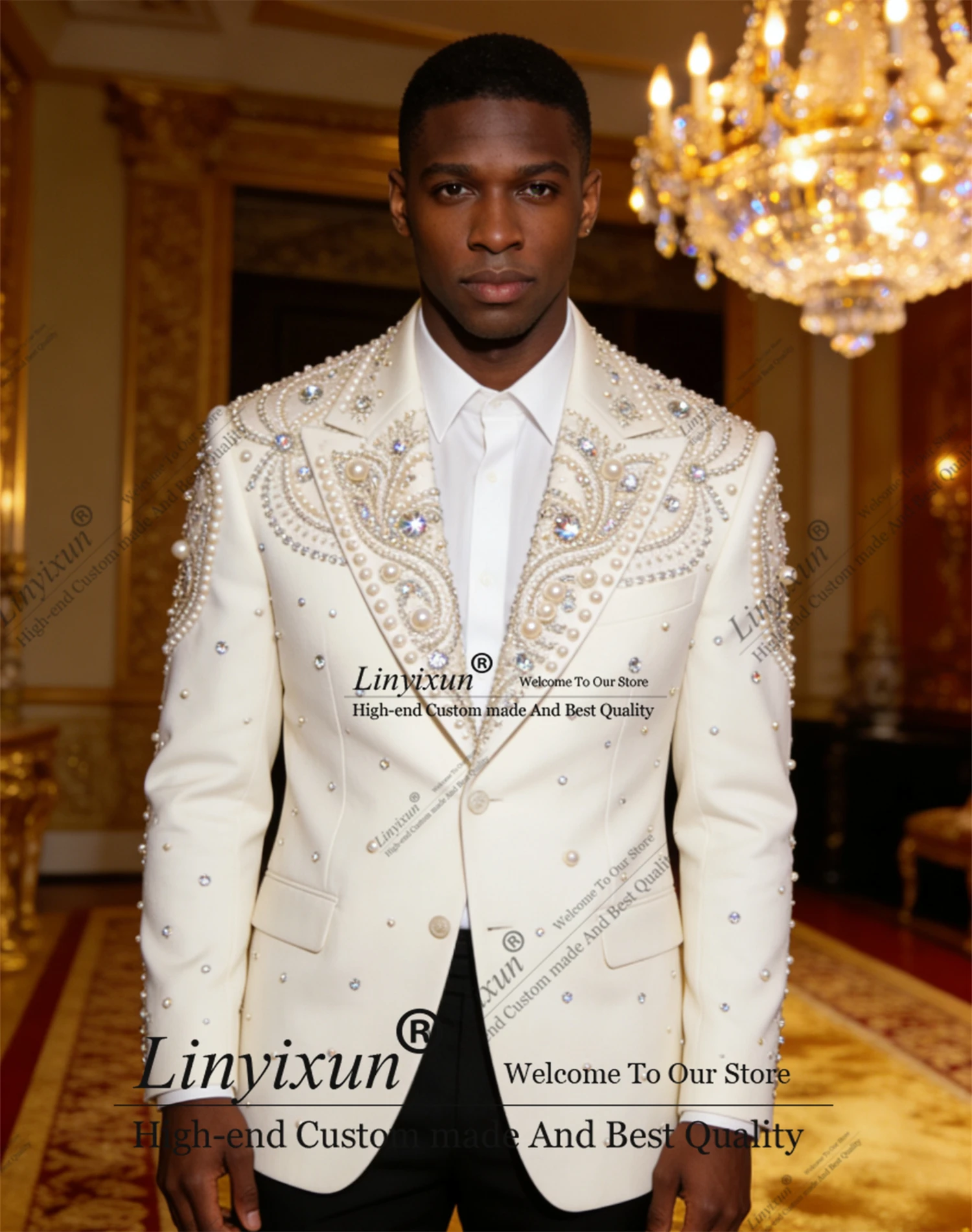 

Fashion Diamond Beadeds Men Suits 2 Pieces Sets Party Prom Blazer Customized Slim Fit Costume Homme Peaked Lapel Groom Tuxedos