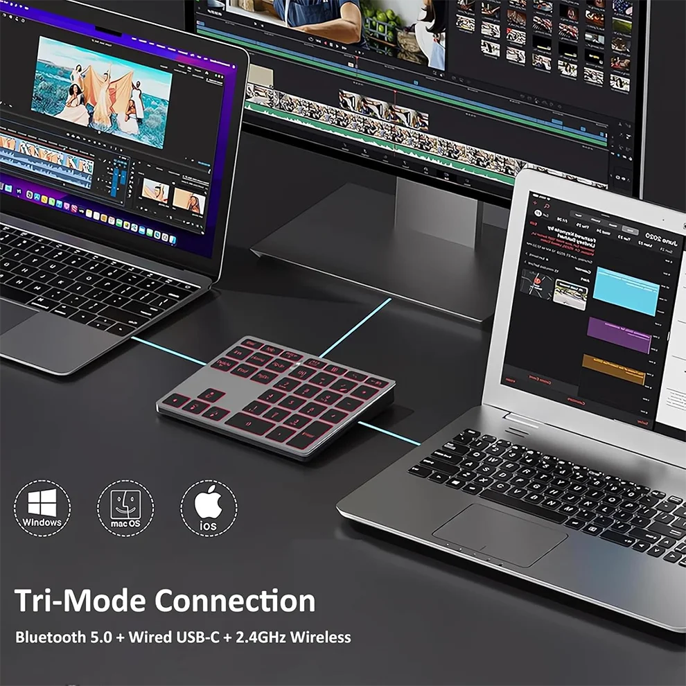 Tri-Mode Aluminum Numpad 7-Color LED Backlit, BT5.0/USB/2.4G Wireless Rechargeable Number Pad 35-Key Scissor Switches  ﻿keyboard