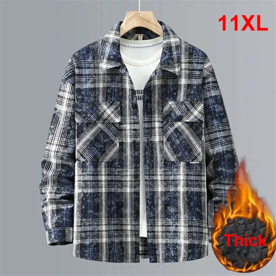 Autumn Winter Thick Plaid Jacket Men 11XL Plus Size Tie-dyed Male Fashion Casual Warm Coat Big 10XL