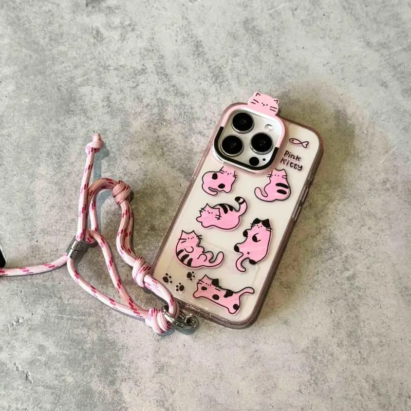 Creative Cute Cartoon Pink Kitten Lanyard Phone Case For iPhone 15 14 13 Pro Max Cat Bumper Shockproof Protective Clear Cover