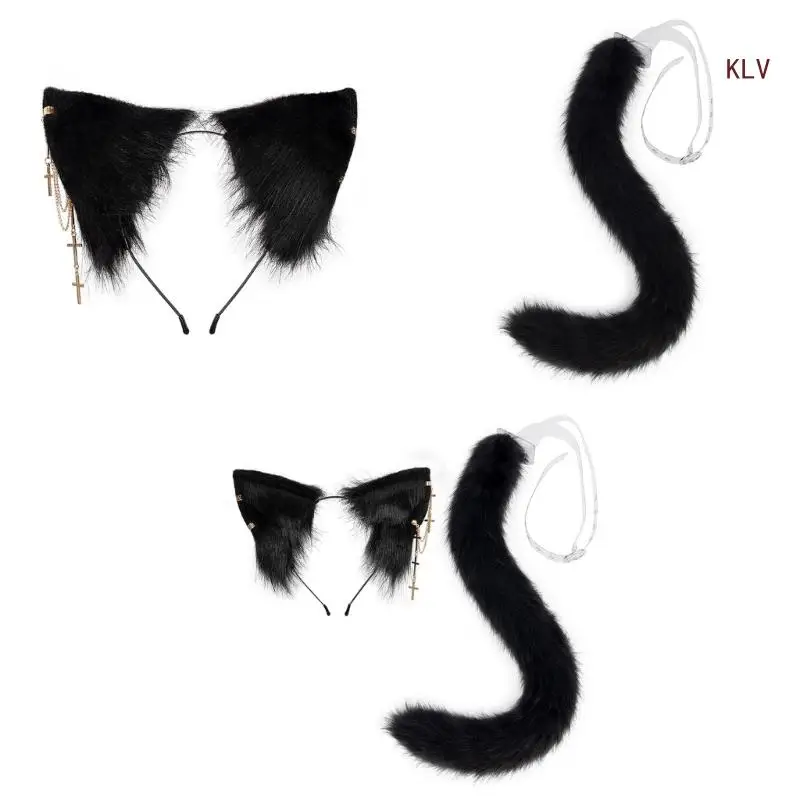 Ręcznie robione pluszowe lisy opaska uszami kota i ogon ze sztucznego futra na Halloween na imprezę Cosplay akcesoria do 6XDA