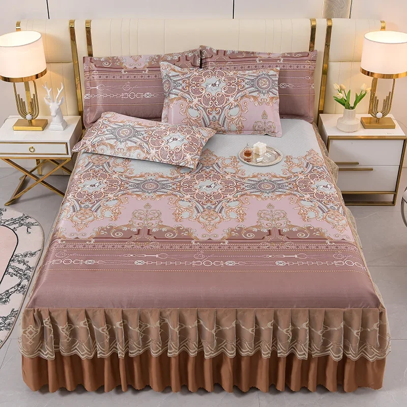 럭셔리 골드 레트로 유럽 스타일 아이스 실크 침대 스커트 세트, 더블 레이어 레이스 침대 커버, 부드러운 침구, 성인 침실 장식, 3 개